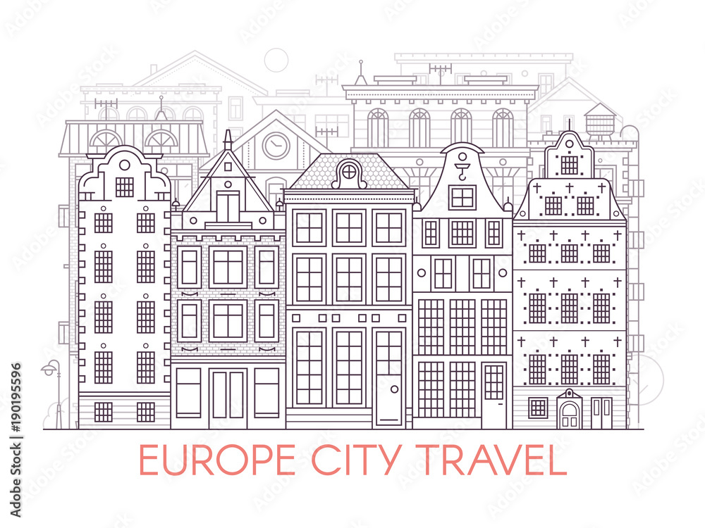 Monochrome Europe city street banner with classic european houses facades. Old town neighborhood skyline with old townhouse residential buildings in line art. Outline Stockholm or Amsterdam cityscape.