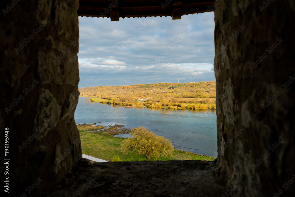 Beautiful view of the Dniester River from the window medieval fort's window in Soroca, Republic of Moldova.