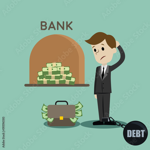 Credit. Bank gives out a loan in dollars. Businessman gets a bank loan and have a debt. Vector illustration