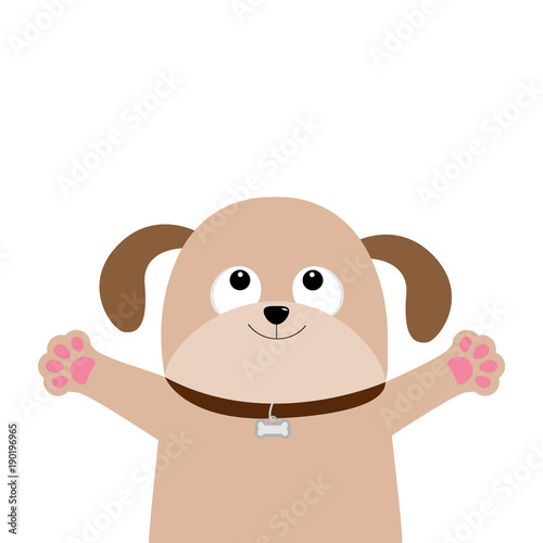 Dog puppy face. Pet collection. Pooch looking up  hands paw print hug. Flat design. Cute cartoon funny character. White background. Isolated.