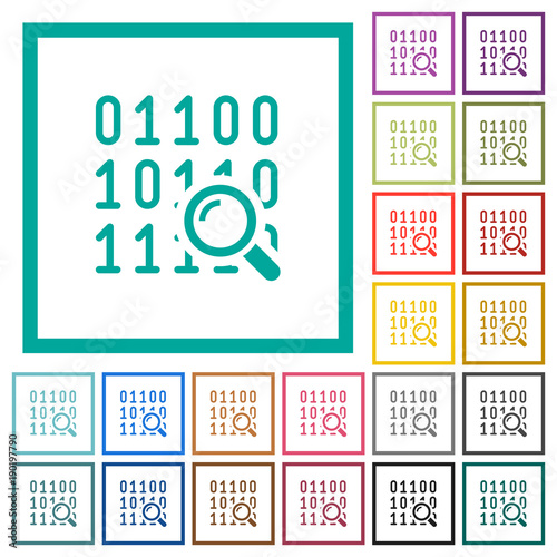 Code analysis flat color icons with quadrant frames