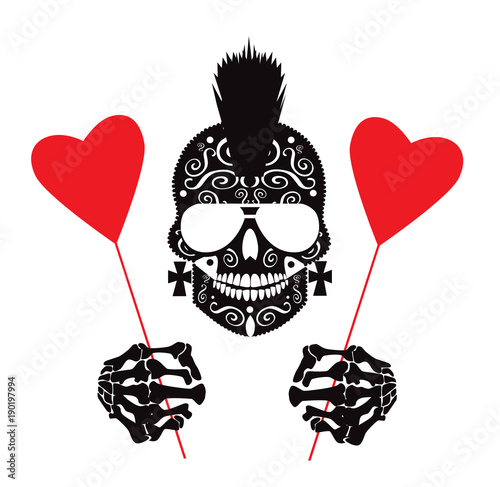 Valentine background with punk skull icon and hearts vector illustration