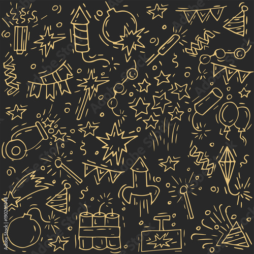 Hand draw firework icon set with petard, stars and pyrotechnics. Festival and event, celebrate and party. Vector illustration golden color pattern.