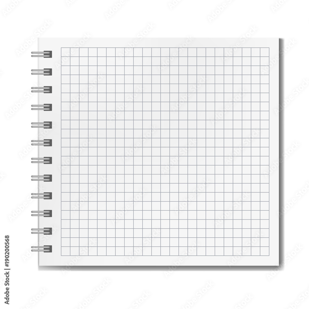 Blank realistic vector horizontal ruled square notebook with shadow  template. Notepad with blank opened quad ruled page on metallic spiral,  textbook or organizer mockup for your text Stock Vector