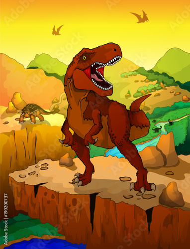 Cute cartoon tyrannosaurus with landscape background. Vector illustration of a cartoon dinosaurs.