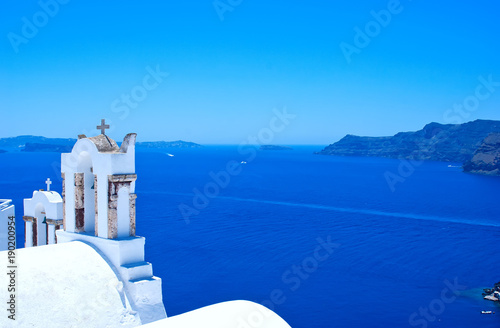 Church and sea view on the island of Santorini in Greece