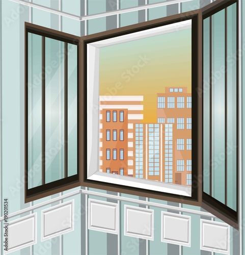City view through window Vector illustration