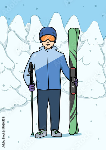 Young man standing with mountain skis at background of snow-covered forest. Winter sport. Vector character illustration.