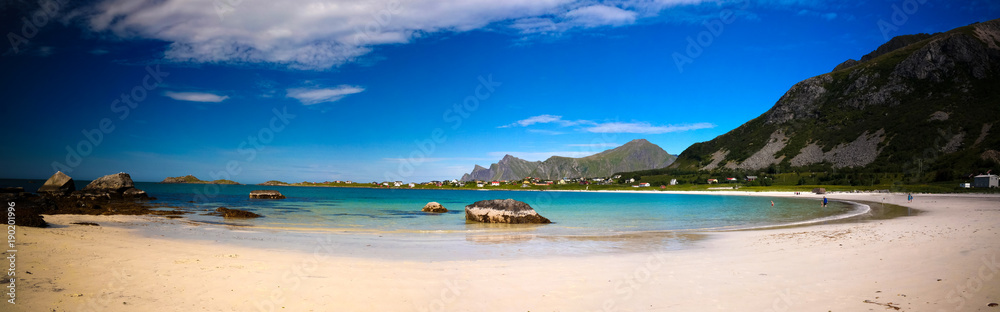 Panorama view to Jusnesvika bay and Rambergstranda beach, Flakstadoya island, Lofoten, Norway