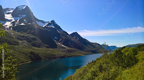 Panorama view to Nordfjorden and Svartisen glacier  Meloy  Norway