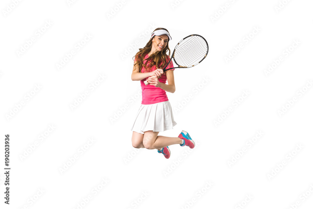 beautiful attractive girl playing tennis and jumping isolated on white beautiful attractive girl playing tennis and jumping isolated on white