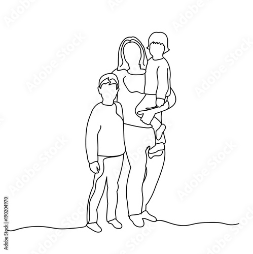 sketch of mum with children on white background, isolated, vector