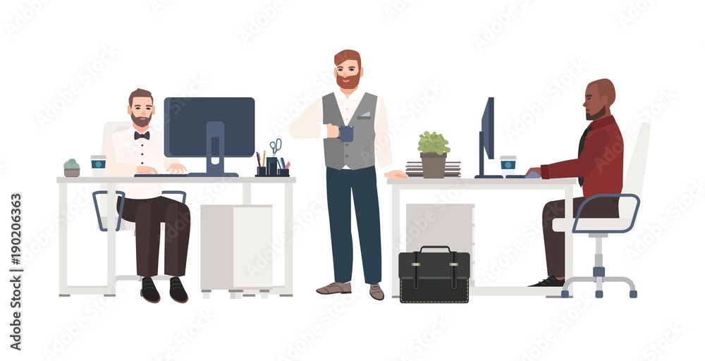 Men dressed in business clothes working at office. Male cartoon characters standing, drinking coffee and sitting at desks with computers. Clerks at workplace. Vector illustration in flat style
