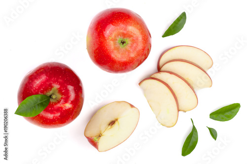Fototapeta Naklejka Na Ścianę i Meble -  red apples with slices and leaves isolated on white background top view. Set or collection. Flat lay pattern
