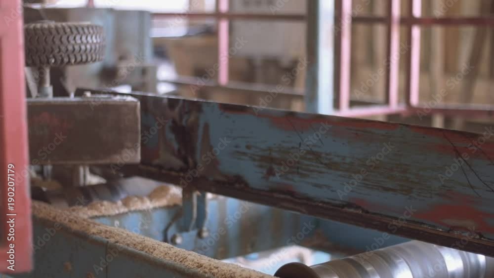 Lumber piece cutted of log on carpenter machine at sawmill factory, sawdust, sunny day outside Lumber piece cutted of log on carpenter machine at sawmill factory, sawdust, sunny day outside