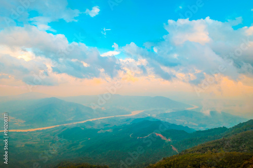 Fototapeta Naklejka Na Ścianę i Meble -  high mountains peaks range clouds in fog scenery landscape national park view outdoor  at Chiang Rai, Chiang Mai Province, Thailand