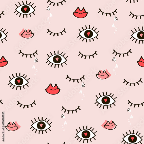 Seamless fashionable pattern of open and closed eyes, lips, hearts
