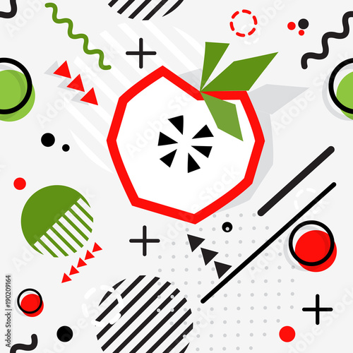 Trendy seamless, Memphis style apple geometric pattern, vector