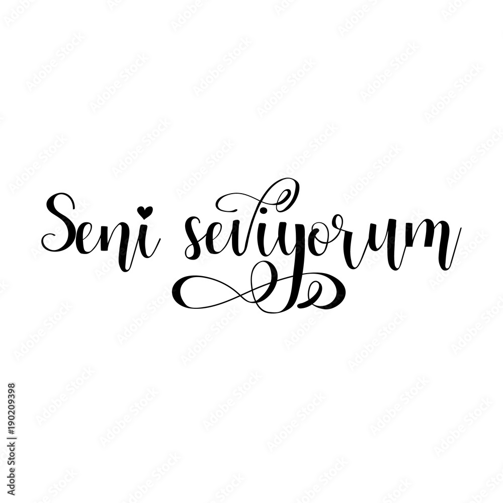 Handwritten calligraphy phrase in Turkish Seni Seviyorum Vector illustration. Turkish translation: I love you