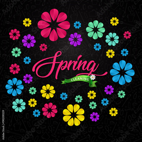 
Spring cleaning with set of cleaning supplies and tools pattern. Spring cleaning background. Grand ménage de printemps.
