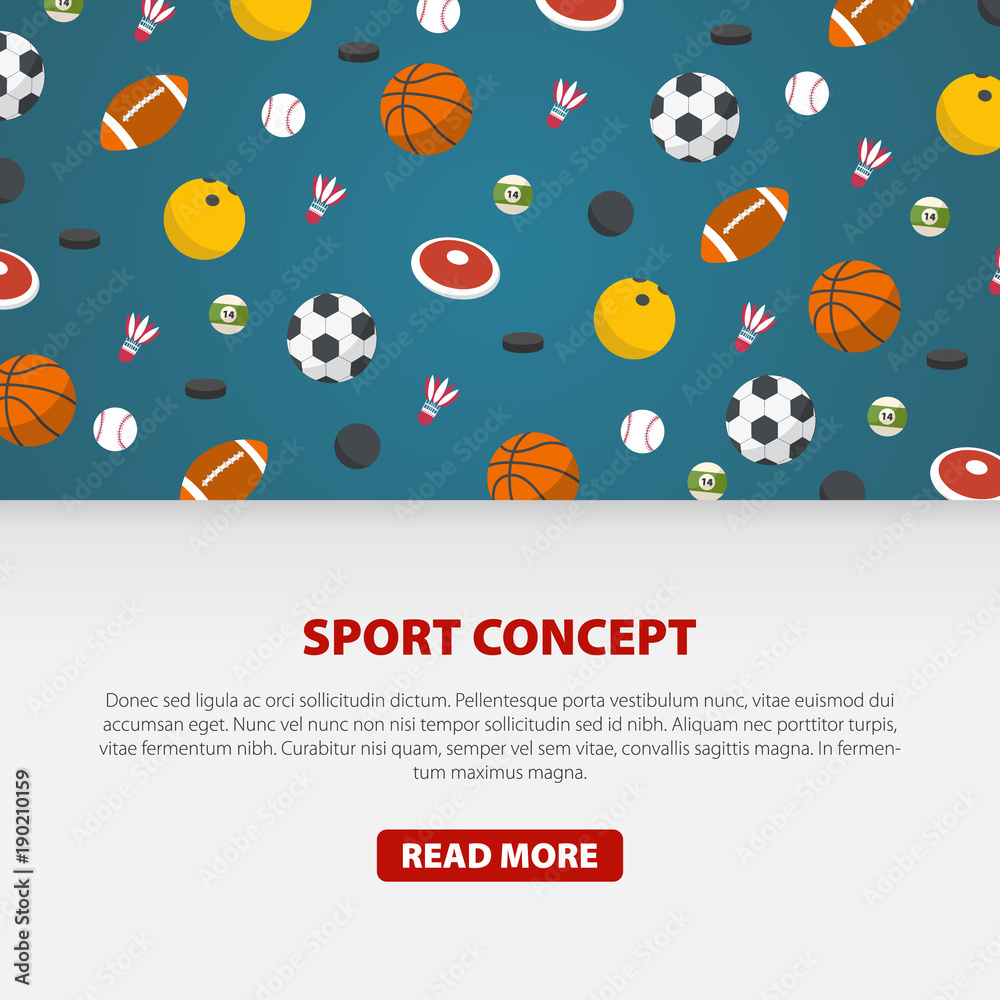 Creative sport games concept. Sports balls and equipment. Flat Style Vector Illustration.