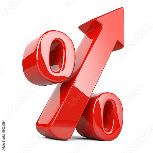 Red shiny and glossy percent symbol with an arrow up. Bussines growing concept.