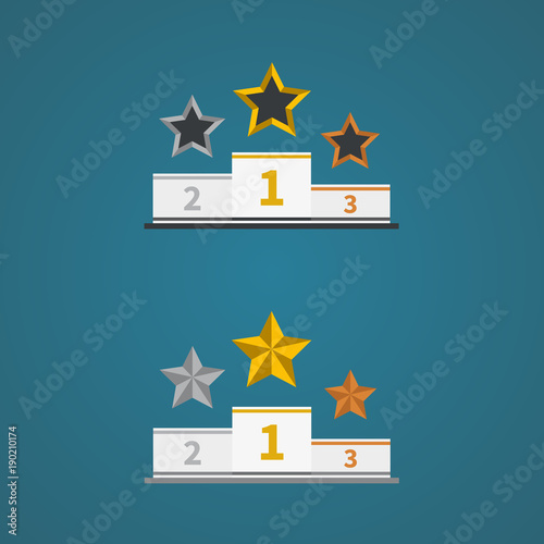 Podium with gold, silver and bronze trophy stars. Symbol of success.