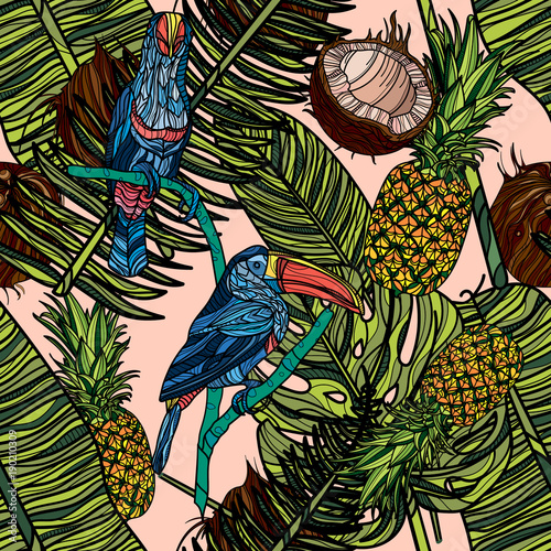 Seamless pattern with tropical leaves, fruits and toucans.