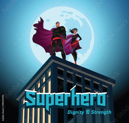 Superhero Couple. Male and female superheroes. Cloudy sky. Vector illustration