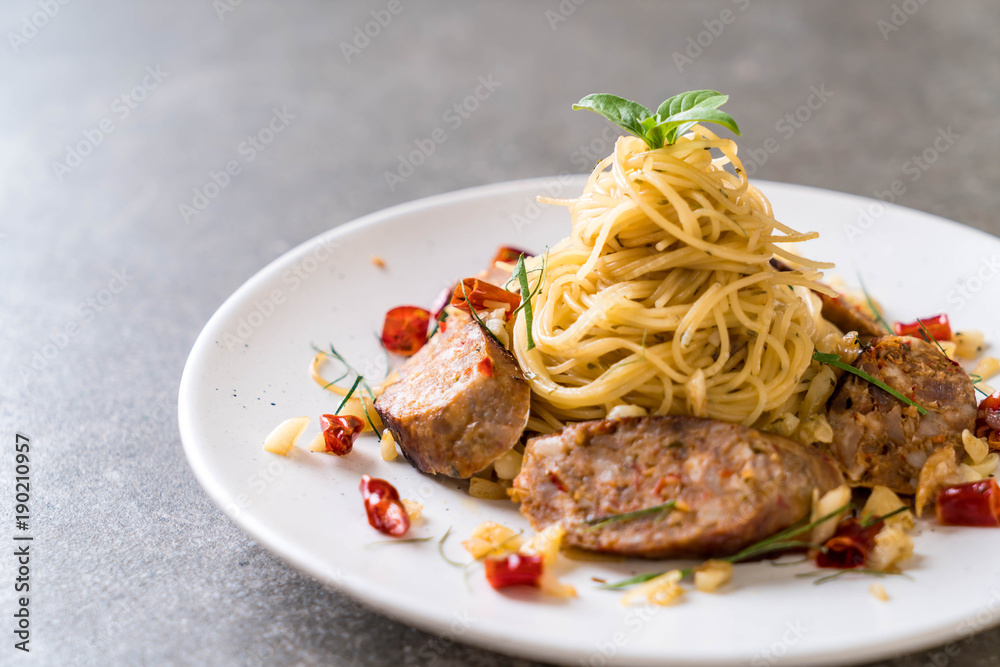 Stir-Fried Spaghetti with Sai Aua (Notrhern Thai Spicy Sausage) Stir-Fried Spaghetti with Sai Aua (Notrhern Thai Spicy Sausage)