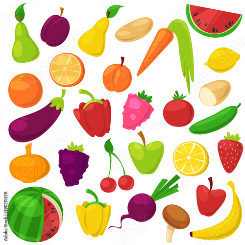 Fruits vegetables vector healthy nutrition of fruity apple banana and vegetably carrot for vegetarians eating organic food from grocery illustration vegetated set diet isolated on white background