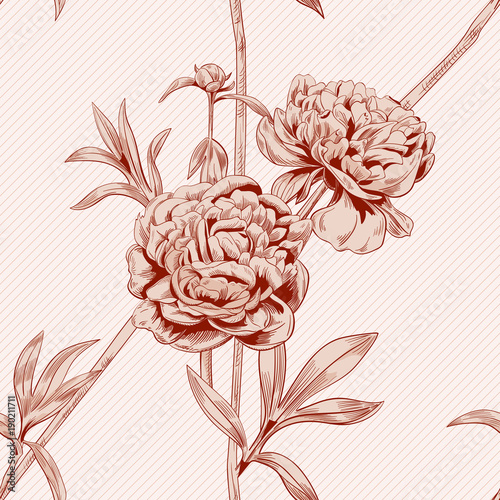 Vector square floral seamless pattern with brown (sepia) monochrome peony flowers, bud, stems, leaves on vintage background, digital draw illustration in engraving style, vector