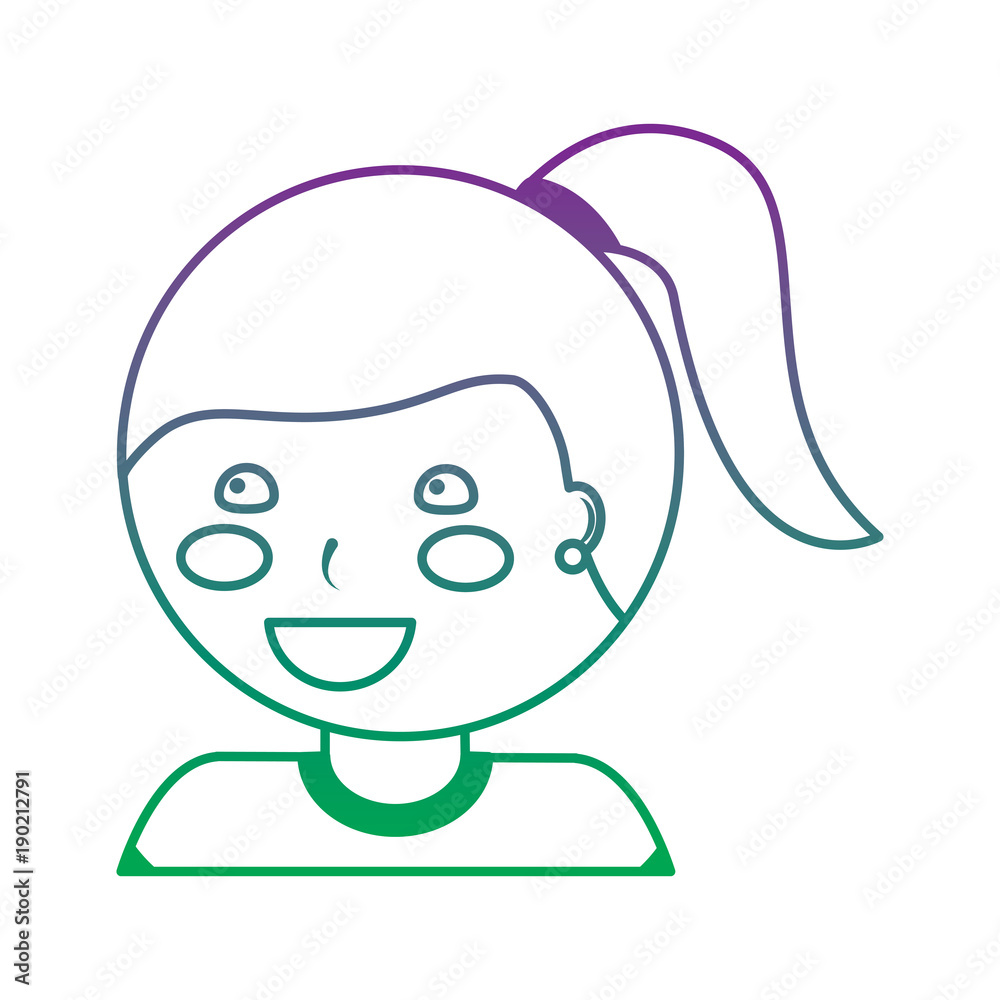 young cute girl face happy character vector illustration color line gradient