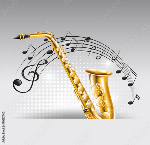 Saxophone with music notes in background