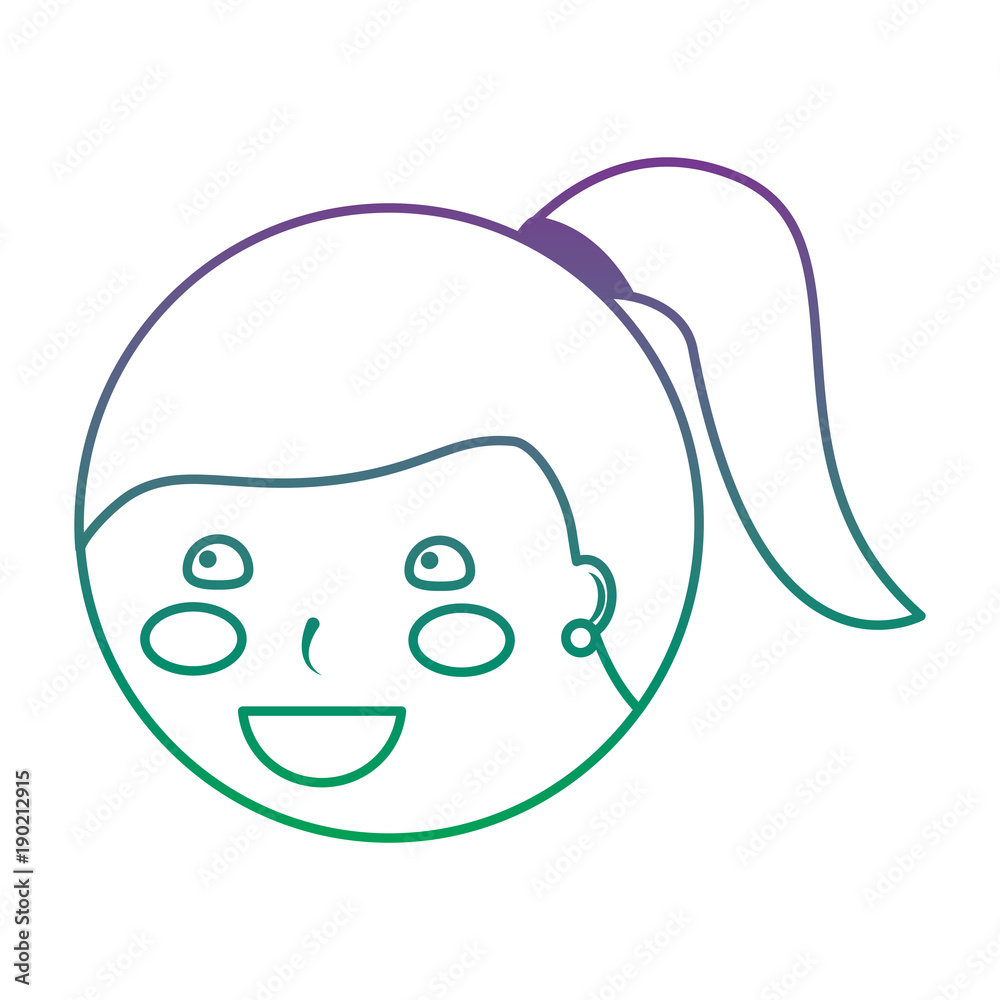 young cute girl face happy character vector illustration color line gradient