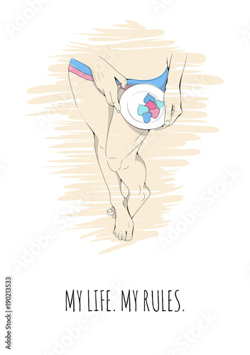 My life my rules feminism oriented line art 8 march greeting card with woman figure holding heart shaped sweets.