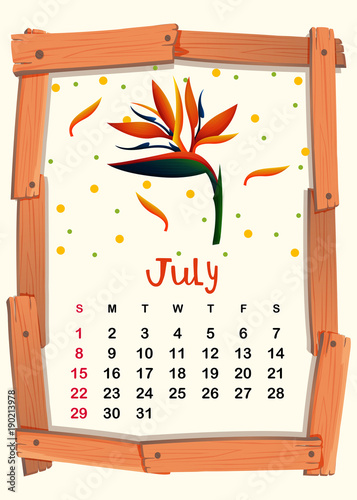 Calendar template with birdofparadise for July