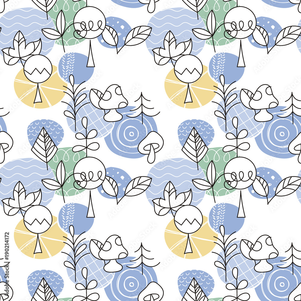 Seamless pattern in scandinavian style with cute tree and leaves