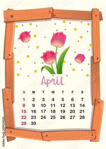 Calendar template for April with pink tulip