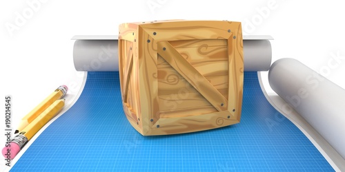 Cargo crate with blueprint photo