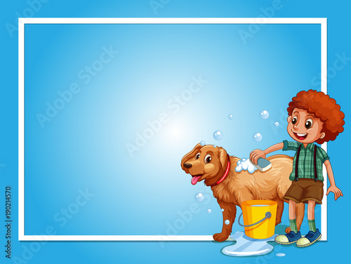 Border template with boy washing dog