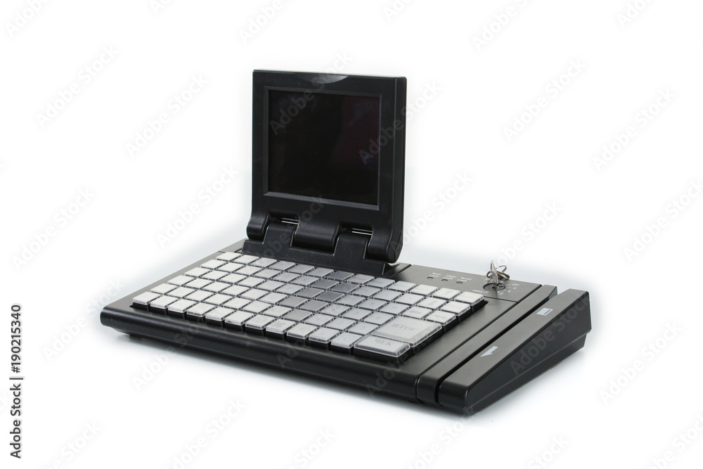 GOMEL, BELARUS - March 27, 2013: Cash register of NTS Gomel company on a white background. GOMEL, BELARUS - March 27, 2013: Cash register of NTS Gomel company on a white background.