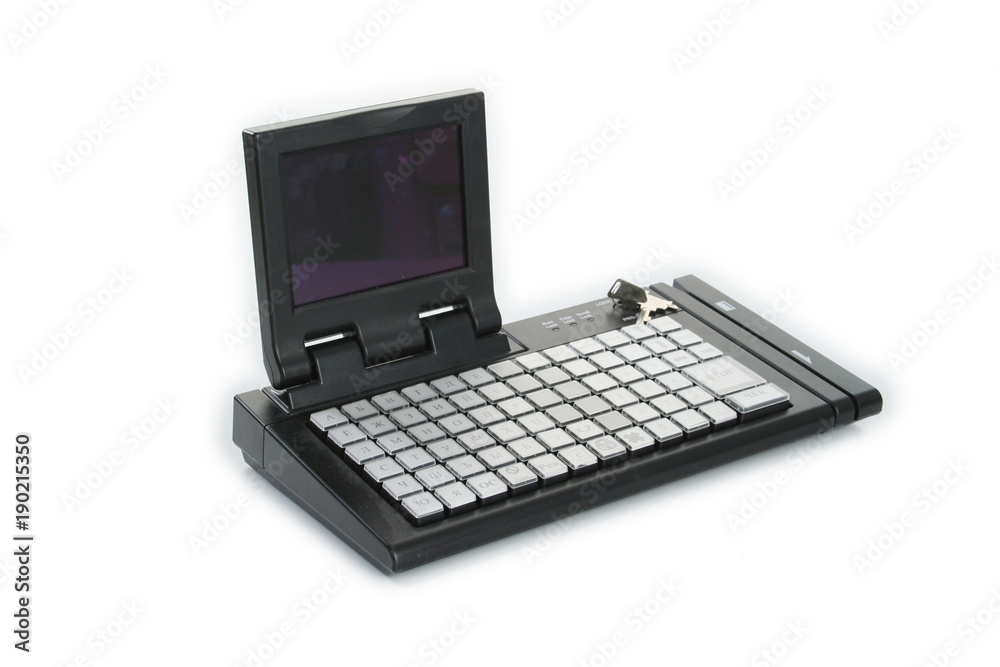GOMEL, BELARUS - March 27, 2013: Cash register of NTS Gomel company on a white background. GOMEL, BELARUS - March 27, 2013: Cash register of NTS Gomel company on a white background.