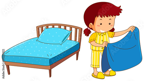 Girl making bed on white background