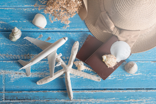 Tourist travel planning concept on blue wooden with airplane, Travel Concept