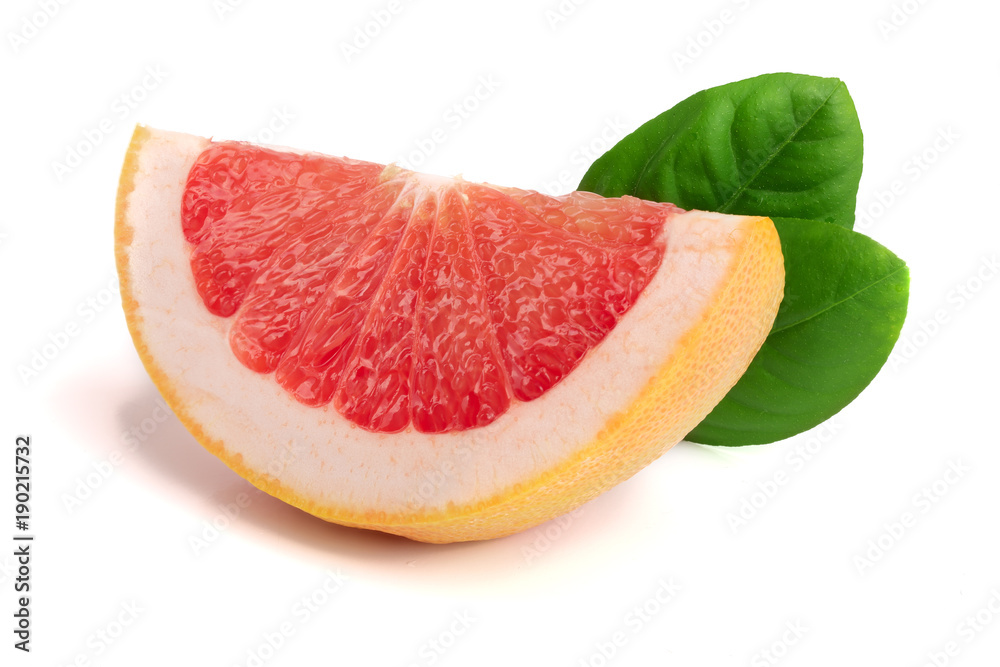 Grapefruit slice with leaves isolated on white background