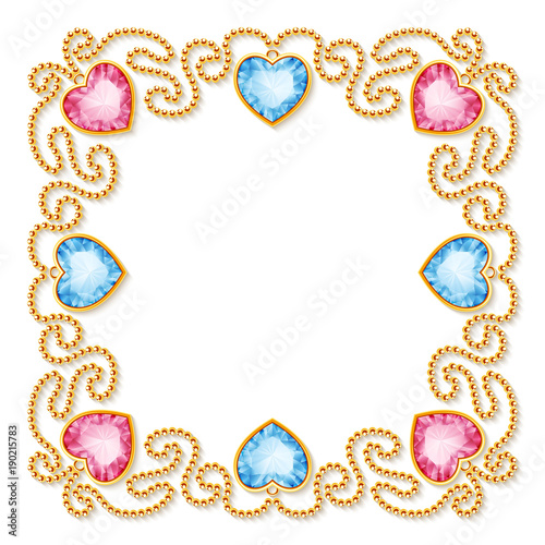 Decorative frame with golden chains and gemstones. Luxury invitation or greeting card template. Vector Illustration.