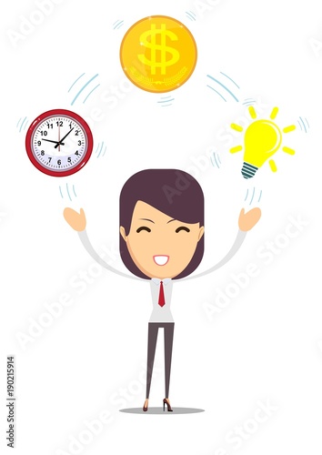 Flat design vector illustration of young business woman shows converting of idea into money
