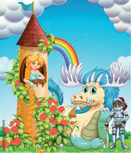 Fototapeta Naklejka Na Ścianę i Meble -  Princess in tower with knight and dragon