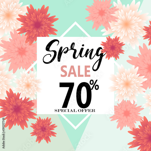 Spring sale banner with paper flowers for online shopping, advertising actions, magazines and websites.